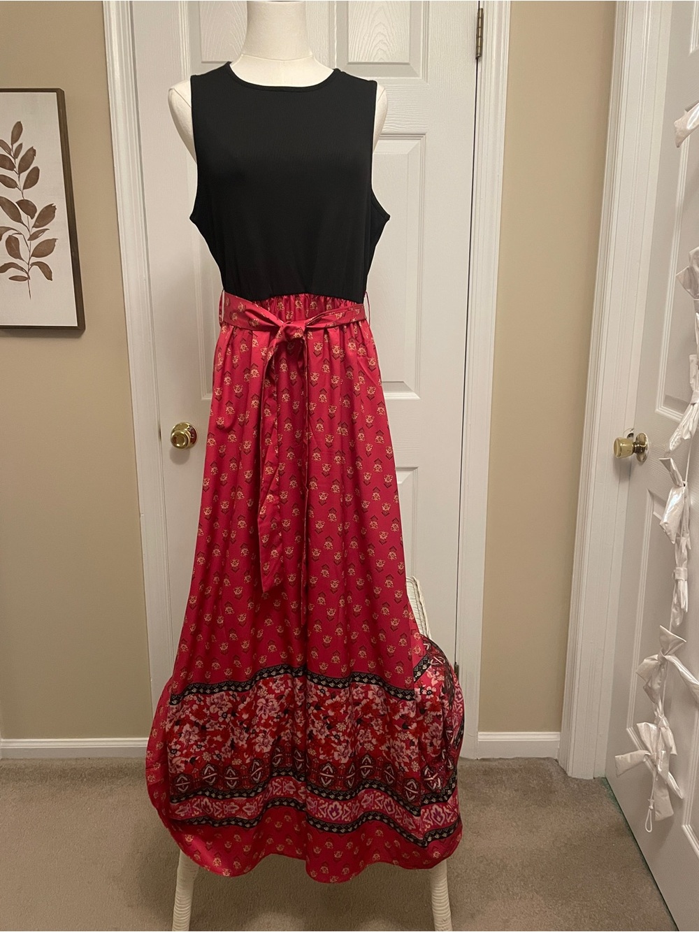 Emery Rose Black & Red Floral Border Print Belted Maxi Dress XL